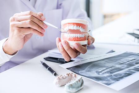 The image shows a person holding a cup with a dental model inside, placed on a table with various dental-related items around, while another individual appears to be examining the model, both set against a blurred background that suggests a dental office environment.